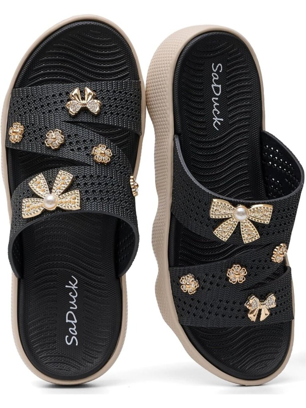 Women Black Decoration Beach Sandals Cute Slip On Summer Slides Sandals Vacation